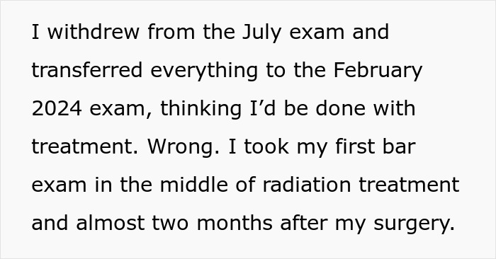 Text excerpt describing a boyfriend attorney swearing moment during bar exam and medical treatment challenges.