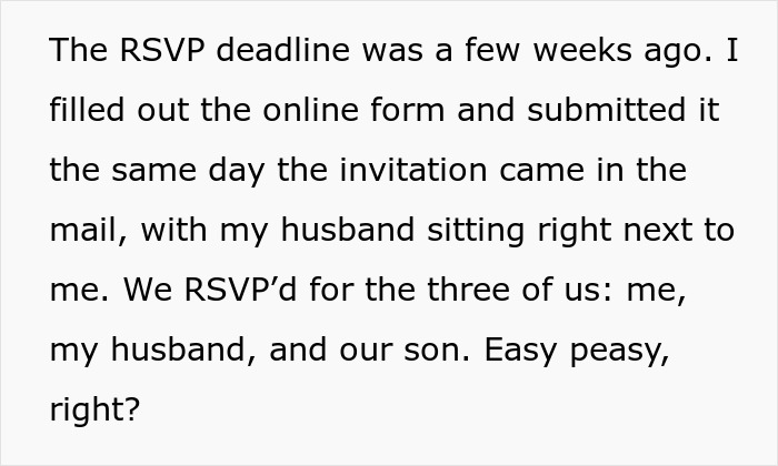Text about RSVP deadline and a mother of ring bearer shocked to learn she was left off the guest list despite RSVP and help.