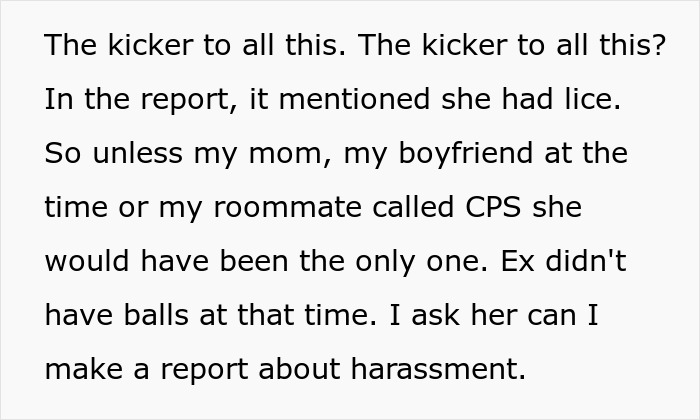 Text excerpt discussing MIL reporting mom to CPS after lice outbreak and related harassment concerns.