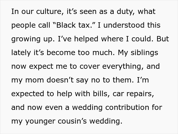 Text about cultural expectations of Black tax, financial strain on family, and paying bills, related to teacher's experience.