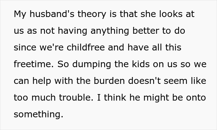 Text excerpt explaining a child-free lady&rsquo;s husband&rsquo;s theory on babysitting burden and family dynamics.