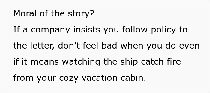 Text image showing a moral about using all PTO before deadline and watching a project crash from a vacation cabin.