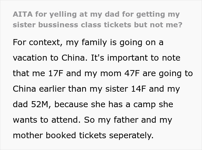 Text about family vacation conflict as dad upgrades one kid to business class while the other copes with economy seating. Text about family vacation conflict as dad upgrades one kid to business class while the other copes with economy seating.