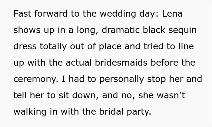 Woman in a black sequin dress disrupts wedding by trying to join bridal party after being cut as self-appointed bridesmaid. Woman in a black sequin dress disrupts wedding by trying to join bridal party after being cut as self-appointed bridesmaid.