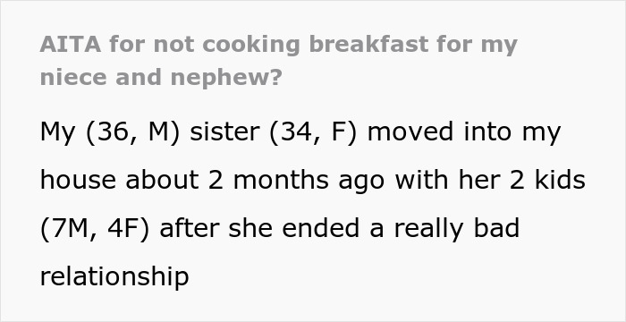 Text post about a man playing chef for his sister&rsquo;s kids after she moves in and sleeps until noon.