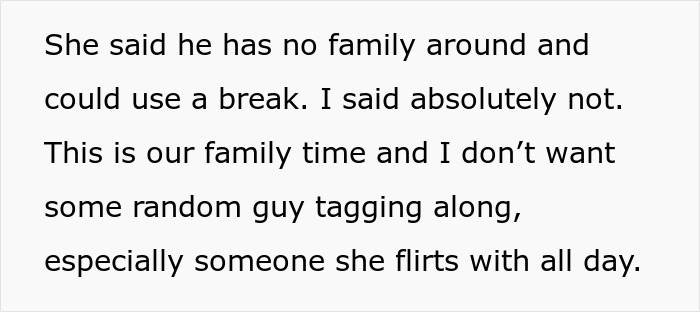 Text discussing refusing to let wife&rsquo;s work husband join family vacation over concerns about boundaries.