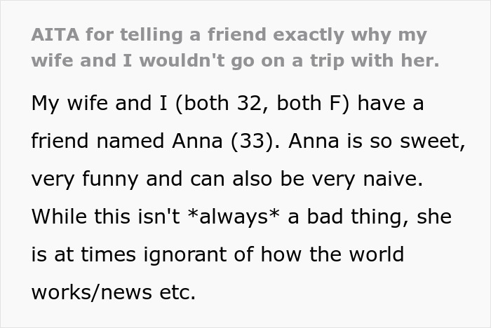 Screenshot of a forum post where a woman is blunt about the reason she can’t travel with a friend. Screenshot of a forum post where a woman is blunt about the reason she can’t travel with a friend.