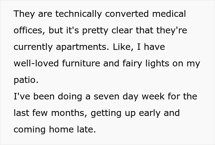 Person tries to relax on patio decorated with fairy lights but faces disturbance from strangers using their space.