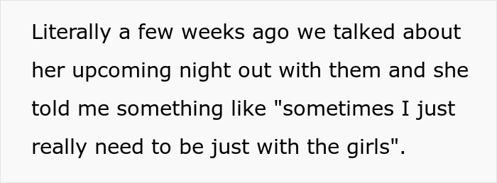 Screenshot of text about a man discussing his girlfriend’s night out with her squad, hinting at hidden feelings and secrecy. Screenshot of text about a man discussing his girlfriend’s night out with her squad, hinting at hidden feelings and secrecy.