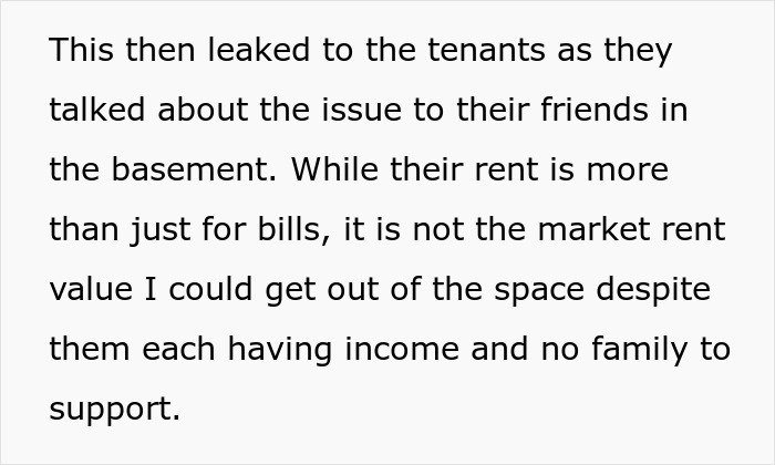 Text excerpt about tenants discussing rent issues after discovering woman secretly owns the house, causing roommates and sisters to freak out.