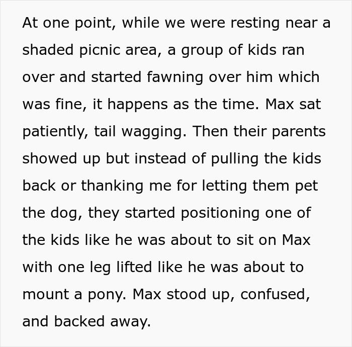 Kids trying to ride a dog while parents throw a tantrum as the dog&rsquo;s owner refuses to allow it.