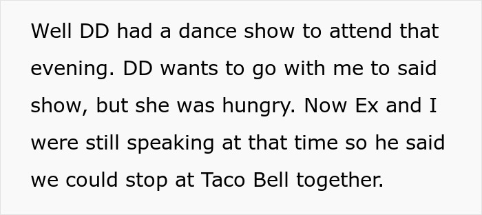 Text showing a mother discussing her daughter&rsquo;s plans to attend a dance show and stopping at Taco Bell with her ex.