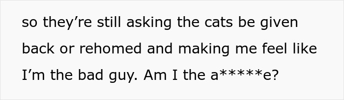 Text excerpt showing a man feeling like the bad guy as he is asked to rehome cats due to new wife&rsquo;s severe allergy