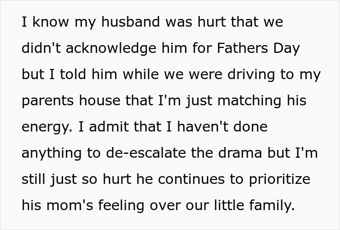 Text about a man feeling hurt and prioritizing his mom&rsquo;s feelings over his wife on Mother&rsquo;s Day, causing family tension.