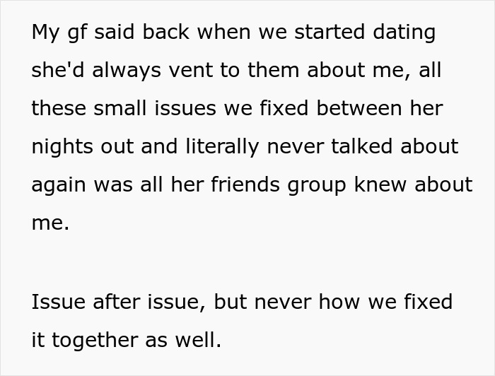 Text excerpt about a man learning his girlfriend's squad secretly hates him, revealing relationship trust issues. Text excerpt about a man learning his girlfriend's squad secretly hates him, revealing relationship trust issues.