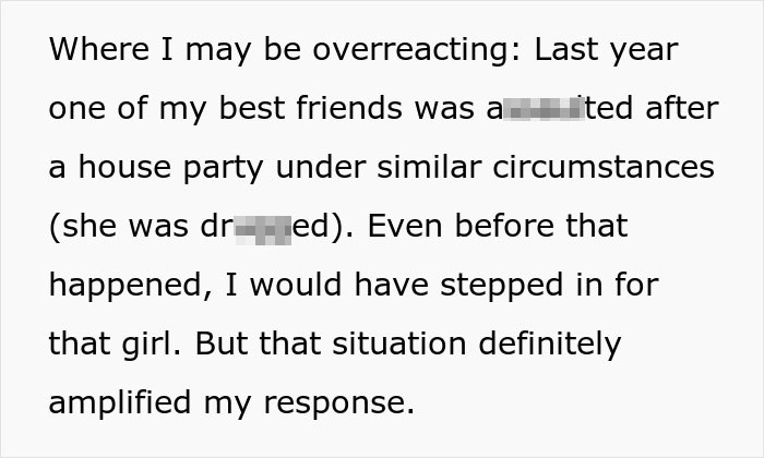 Text excerpt discussing a personal reaction after a similar incident involving a drunk girl at a house party confrontation. Text excerpt discussing a personal reaction after a similar incident involving a drunk girl at a house party confrontation.