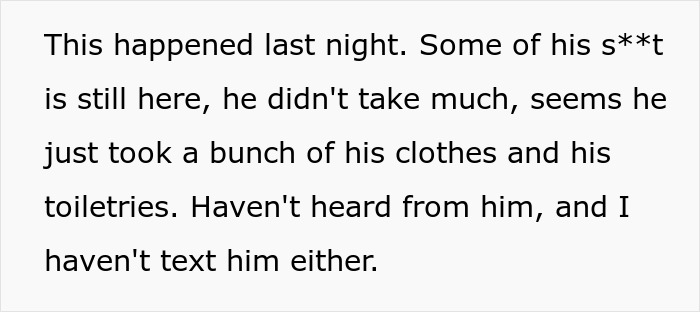 Screenshot of text describing a woman discovering her cheating boyfriend&rsquo;s belongings left at the house.