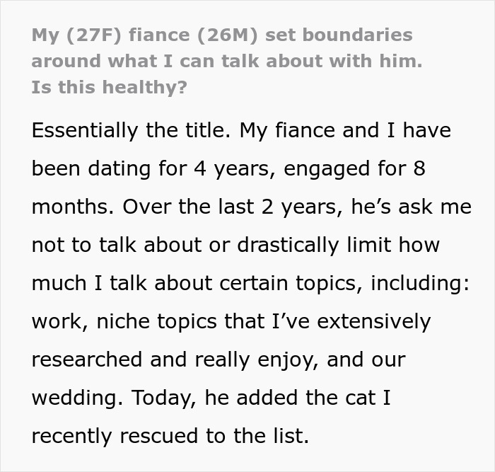 Woman feeling lonely as fianc&eacute; starts banning conversation topics, facing communication boundaries in their relationship.
