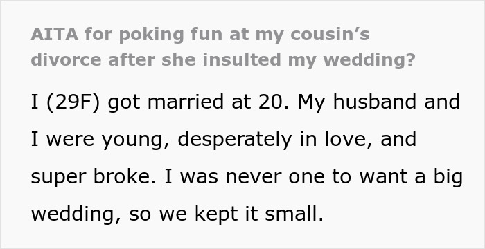 Text post about woman clapping back after cousin insults her wedding, highlighting marriage and family conflict.