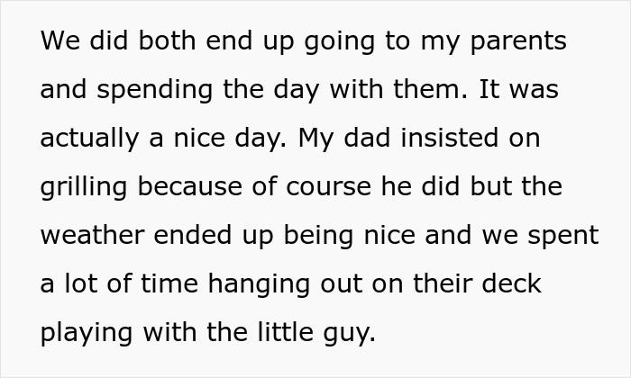 Text excerpt about man spending Mother's Day with his mom grilling and playing on the deck instead of wife.