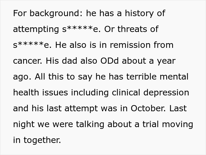 Text about a mentally unstable boyfriend with a history of suicide attempts and clinical depression, mentioned in context.