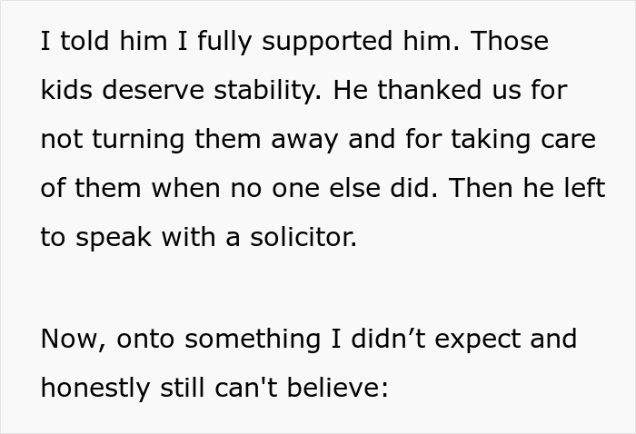 Text excerpt showing a person expressing support for stability for kids and mentioning speaking with a solicitor about custody concerns.