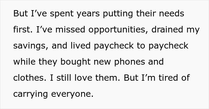 Text excerpt from a teacher explaining years of paying family&rsquo;s bills while sacrificing personal finances and opportunities.