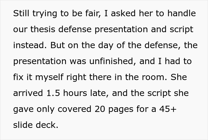 Text excerpt describing issues with a woman&rsquo;s contribution to a shared thesis, risking graduation due to poor collaboration.
