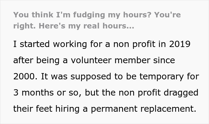Text on a screen showing an employee explaining their real work hours at a non-profit after accusations of fudging hours.