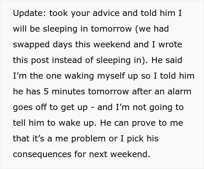 Text showing a wife explaining how husband enjoys lazy mornings while she sacrifices sleep and handles consequences on swapped weekend days.