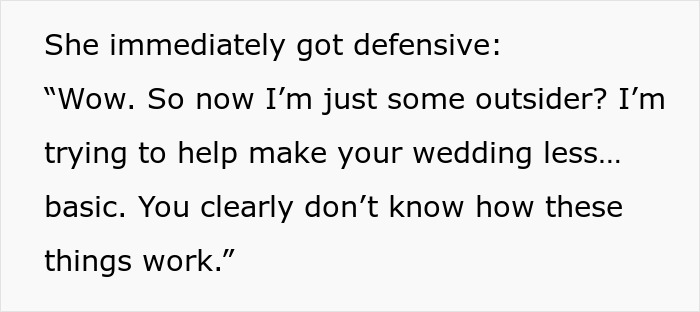 Text excerpt from a conversation showing a self-appointed bridesmaid becoming an unwanted wedding planner after being cut from the bridal party. Text excerpt from a conversation showing a self-appointed bridesmaid becoming an unwanted wedding planner after being cut from the bridal party.