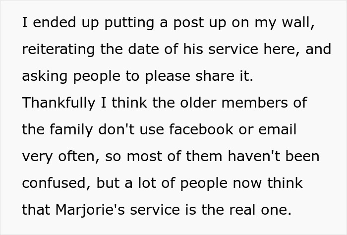 Text post discussing confusion over memorial service details amid best friend and secret babies drama.