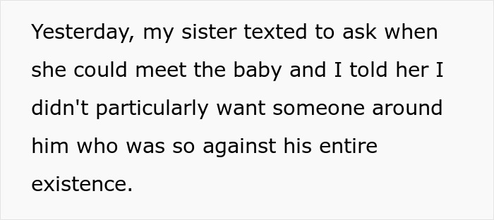 Screenshot of a text message about a sister opposing surrogacy and being banned from seeing her brother&rsquo;s baby.