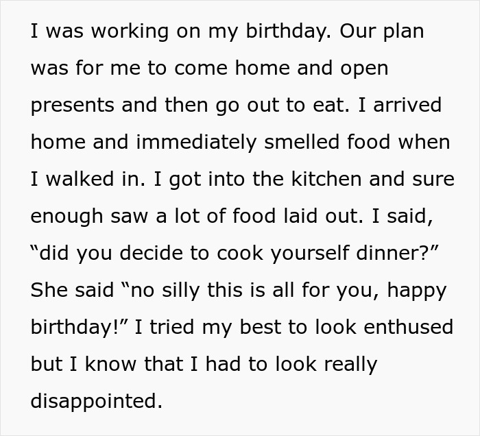 Alt text: Man refusing to eat vegan meal prepared for girlfriend's birthday, feeling disappointed despite her efforts. Alt text: Man refusing to eat vegan meal prepared for girlfriend's birthday, feeling disappointed despite her efforts.