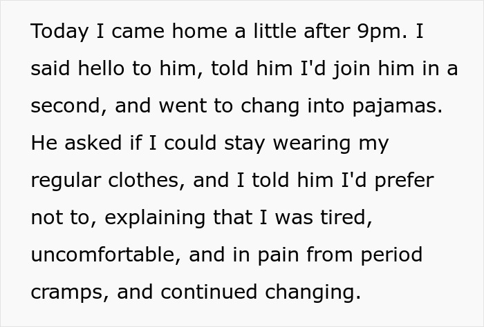 Text excerpt showing a woman explaining why she prefers not to wear sexy clothes, mentioning discomfort and pain from period cramps.