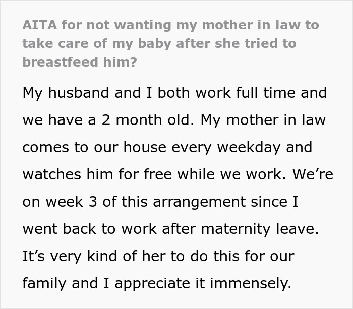 Text excerpt about mother-in-law caught trying to breastfeed baby, causing mom to feel furious and conflicted.