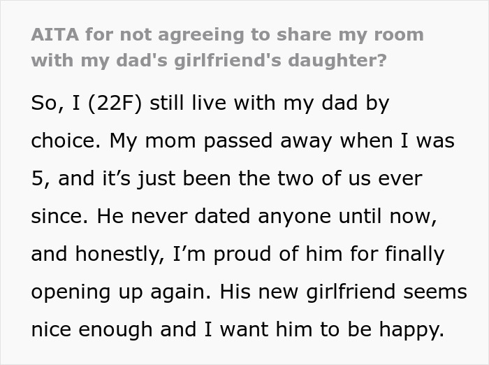 Text excerpt discussing a 22-year-old confronting her dad about his girlfriend wanting her to live with a 10-year-old.
