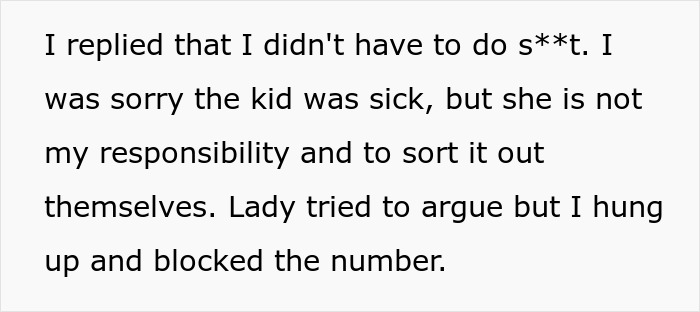 Text showing a woman listed as emergency contact refusing to pick up a sick kid, blocking the caller after arguing.