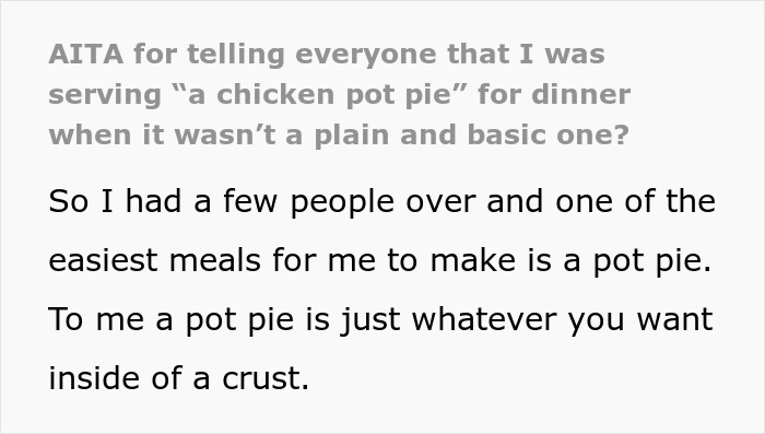 Text discussing serving a chicken pot pie with a twist, causing a family gathering reaction involving the brother-in-law.