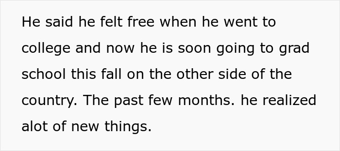Text explaining a son reflecting on feeling free after college and attending grad school despite years of parental neglect.