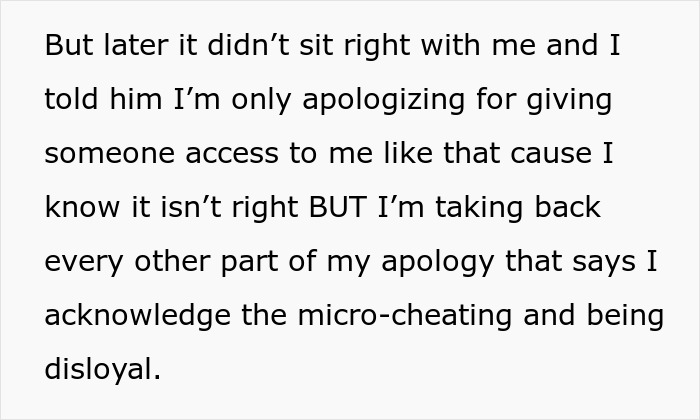 Text excerpt about apologizing and denying micro-cheating, highlighting relationship conflict over perceived disloyalty.