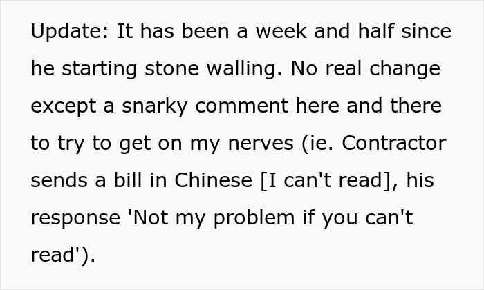 Update message about challenges faced by a married couple moving houses, with husband leaving tasks to wife while traveling.