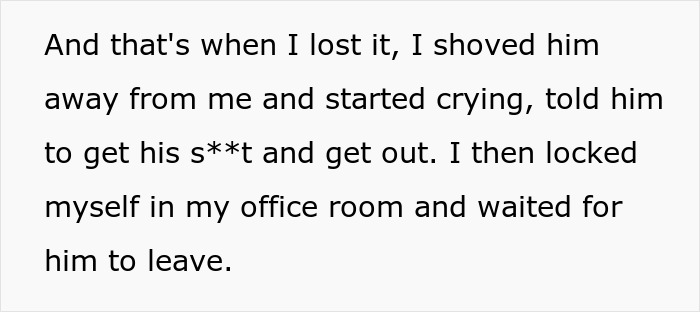 Text excerpt describing a woman confronting her cheating boyfriend, reacting emotionally and locking herself in an office room.