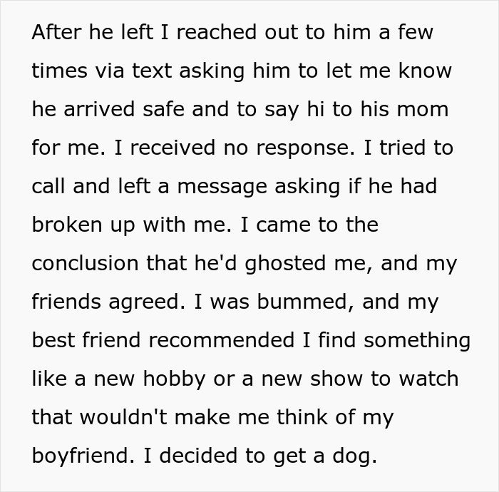 Text describing someone reaching out to a man who disappeared, then deciding to adopt a dog despite his allergies.