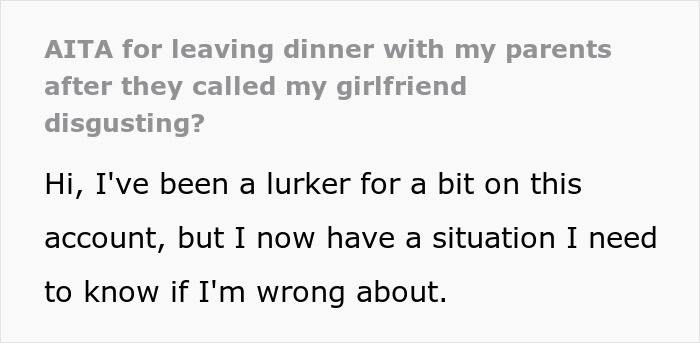 Text post about a woman dating someone 16 years older, her parents call her girlfriend disgusting, she leaves dinner early. Text post about a woman dating someone 16 years older, her parents call her girlfriend disgusting, she leaves dinner early.