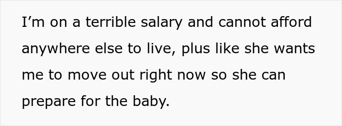 Text showing a woman explains she cannot afford to move out and is standing her ground after roommate demands nursery space. Text showing a woman explains she cannot afford to move out and is standing her ground after roommate demands nursery space.