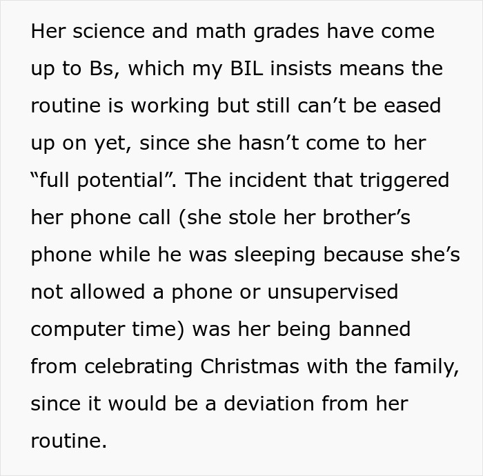 Text excerpt about niece&rsquo;s home life struggles prompting woman to debate calling CPS over strict family routine and restrictions.