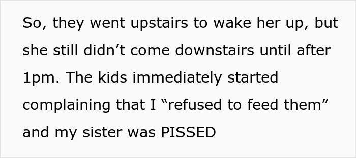 Text excerpt describing a man playing chef for his sister&rsquo;s kids while she sleeps until noon after moving in.