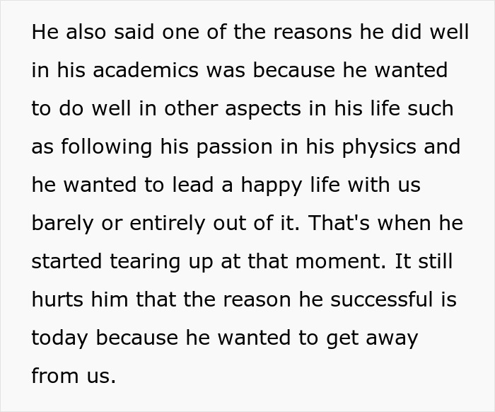 Text excerpt about son&rsquo;s academic success and emotional pain reflecting years of parental neglect causing him to blow up.