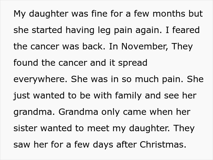 Text excerpt about a woman&rsquo;s daughter battling cancer and family&rsquo;s limited visits during her illness.